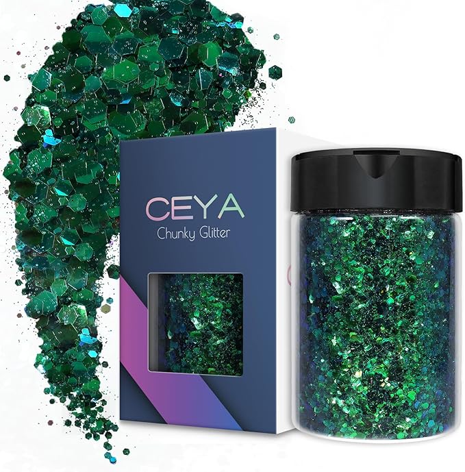 Ceya Chunky Glitter, 4.9oz/ 140g Emerald Green Craft Glitter Powder Mixed Fine Flakes Iridescent Nail Sequins for Nail Art, Hair, Epoxy Resin, Tumblers, Slime, Painting, Festival Decor
