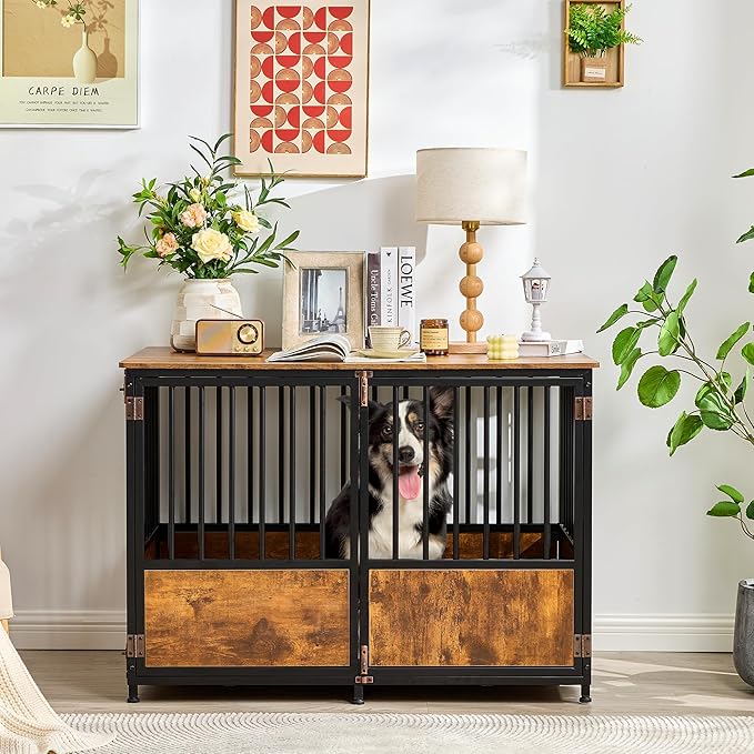 KOOPRO 43.7" Dog Crate Furniture w/Cushion for Large Dog, Heavy Duty Kennel | Wooden with Double Doors Indoor, Decorative Pet House Dog Cage Side End Table, Rustic Brown