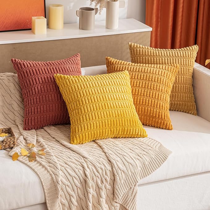 MIULEE Pack of 4 Fall Corduroy Throw Pillow Covers 18x18 Orange-Yellow | Neutral Rustic Farmhouse Boho Soft Striped Pillow Covers,Home Decor for Sofa,Living Room,Couch,Bed