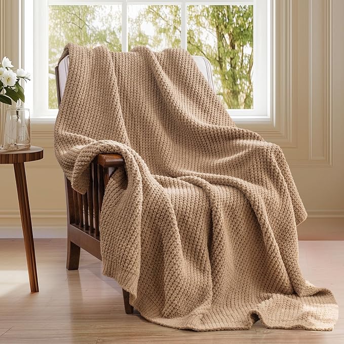 Waffle Knit Throw Blanket for Couch, Soft Cozy Chunky Knit Thick Knitted Blanket for Sofa, Bed, Gift for Women Girls Home Decor (Beige, Twin 60"x80")