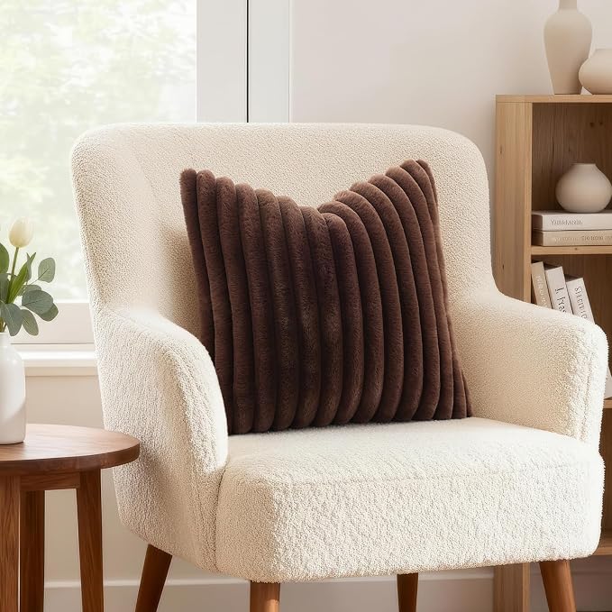 decorUhome Fall Faux Fur Throw Pillow Covers 16x16 Set of 2 Dark Brown | Decorative Soft Cozy Striped Plush Modern Farmhouse Boho Couch Pillow Cases Velvet Back for Sofa Bed Living Room Home Decor
