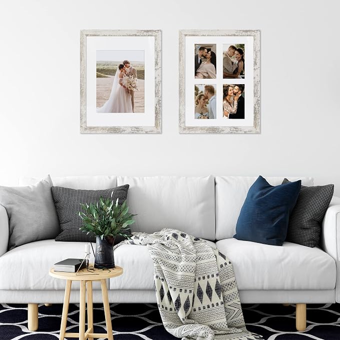 Hongkee 11x14 Picture Frame Set of 4, Made of Glass and Distressed White Wooden Frame, Display 8x10 Pictures with Mat or 11 x 14 Posters without Mat for Wall Mounting, Gallery Photo Frames