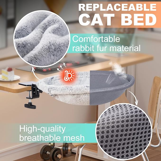 Uross Cat Desk Bed - 180° Rotating Soft & Comfortable Rabbit Fur Bed, Modern Indoor Cat Nest Furniture for Office Desks and Game Tables, Island Table-Supports 50 lbs-(Lightgrey)