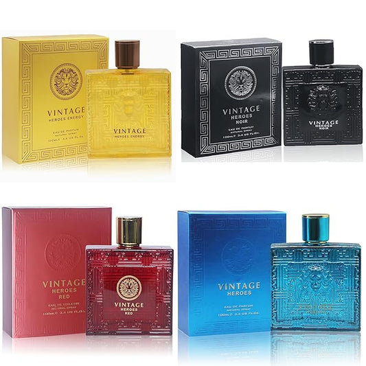 A CENTER Men's Cologne Gift Set 4 Pack Vintage Heroes Series - 3.4 Fl Oz Each | Vanilla Bourbon, Leather & Amber Floral Fragrance | Luxury Eau de Parfume for Men All Day Use