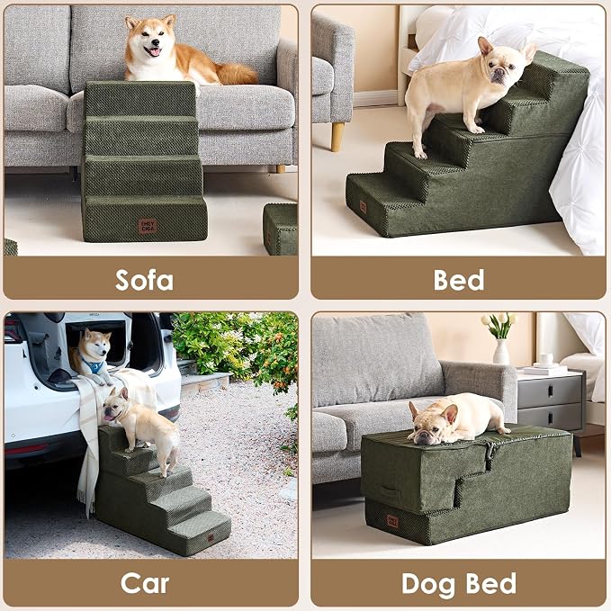 EHEYCIGA Dog Stairs for Bed 18" H, Dog 4-Steps for High Bed, Military Green | Pet Steps for Small Dogs and Cats, Non-Slip Balanced Pet Ramp Indoor