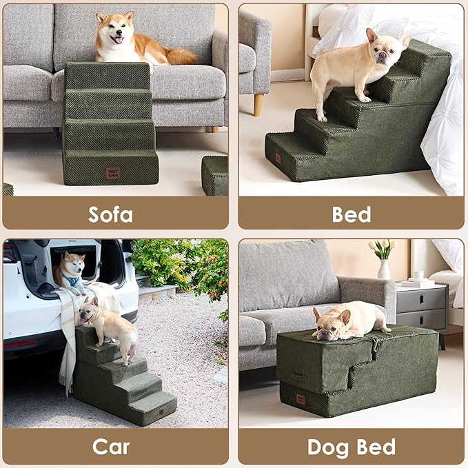 EHEYCIGA Dog Stairs for High Bed 22.5" H, 5-Step Extra Wide Dog Steps for Bed, Pet Steps for Small Dogs and Cats, Non-Slip Balanced Pet Ramp Indoor, Military Green