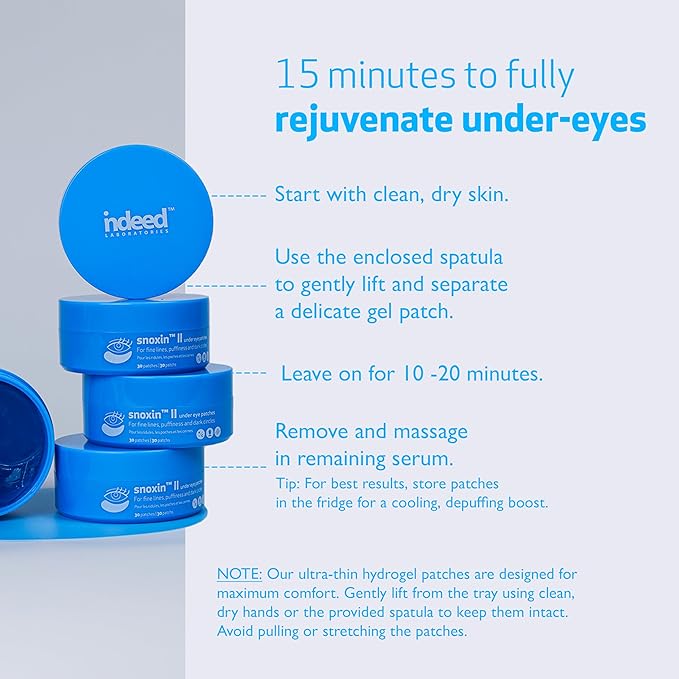 Indeed Labs Snoxin II | Hydrating Under Eye Patches for Puffy Eyes and Dark Circles | with Niacinamide, Licorice Root Extract, & Argireline | 30 Biodegradable Hydrogel Patches