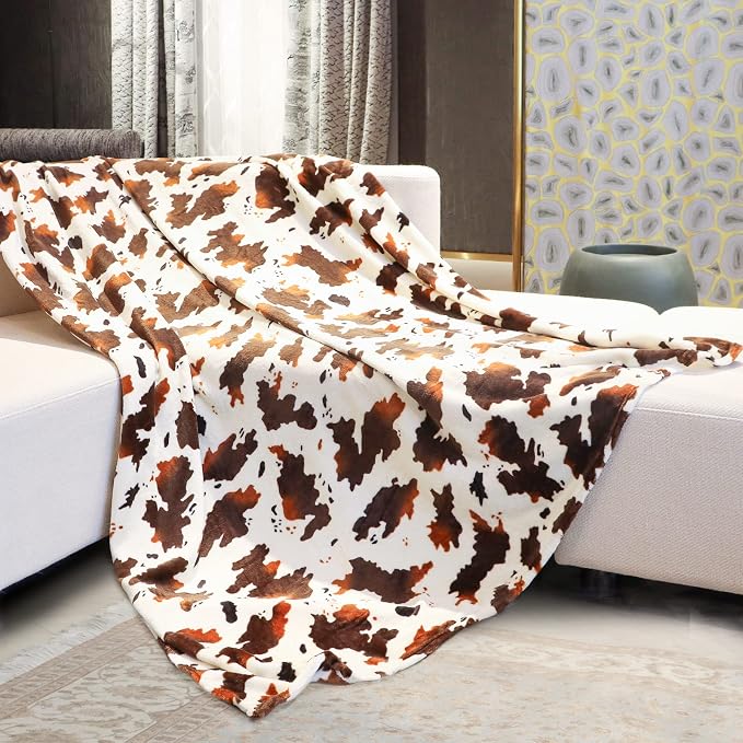 HSEEC Cow Print Blanket Brown Couch Throws for Sofa, Lightweight Cute Cozy Western Bedding Decorative Throw for Bed All Seasons, Brown Cow Gifts for Adults Kids Boys Teens 50"x60"