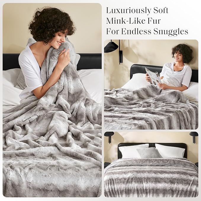 Madison Park Zuri Ultra Soft Faux Fur Twin Blanket Reversible, Grey | Ultra Soft, Breathable Fabric for Bed or Couch, Lightweight, Plush, OEKO-TEX Certified