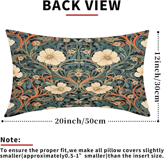 Vintage Floral Lumbar Pillow Covers 12X20 Inch Orange Whtie Green Toile Flowers Pillow Cases Chinoiserie Aesthetic Tapestry Linen Cushion Case Farmhouse Home Decor For Sofa Couch Porch Outdoor Pack 2
