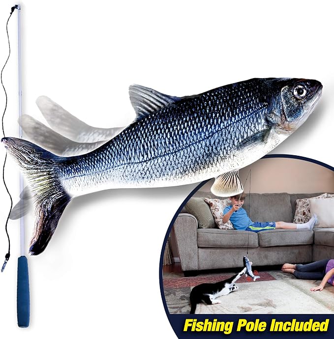 Ontel Flippity Fish Interactive Cat Toy with Catnip & Fishing Pole - Touch Activated, Rechargeable Pet Toy to Help Reduce Stress & Bad Behavior - As Seen on TV