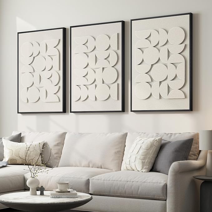 Large 3D Textured Framed Abstract Wall Art for Living Room, Set of 3 Modern White Paintings Artwork for Walls, Minimalist All White Geometric Pictures for Bedroom Hallway Office Wall Decor 24x36 In