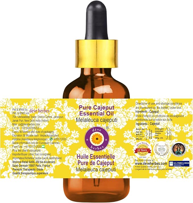 Deve Herbes Pure Cajeput Essential Oil (Melaleuca cajeputi) with Glass Dropper Steam Distilled 15ml (0.50 oz)