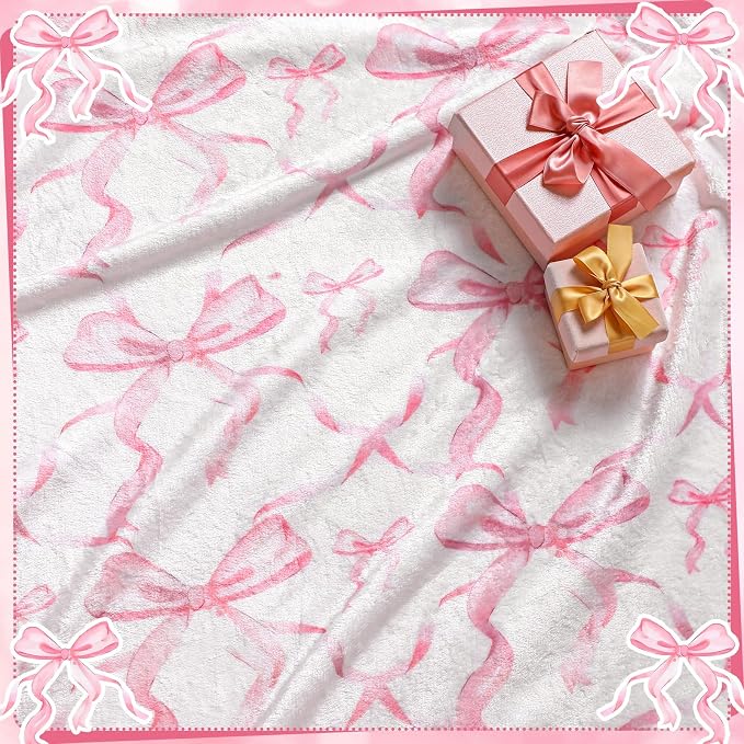 Pink Bow Throw Blanket 50"x60" Soft Flannel for Girls Women | Coquette Aesthetic Decor with Ruffled Edges, Ultra Plush Bed Sofa Blanket, Preppy Gift for Teens, Back to School Dorm Room