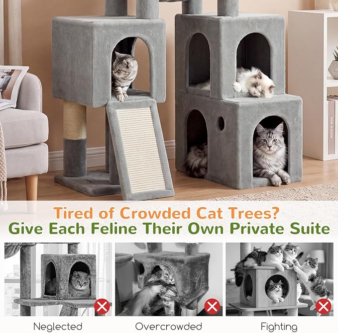 Globlazer Tall Cat Tower for Indoor Adult Cats, 72-inch, S72G, Light Grey | Heavy Duty Cat Tree House for Big Cats with 2 Extra-Large Padded Platform, 7 Sisal Scratching Posts, 3 Large Condos