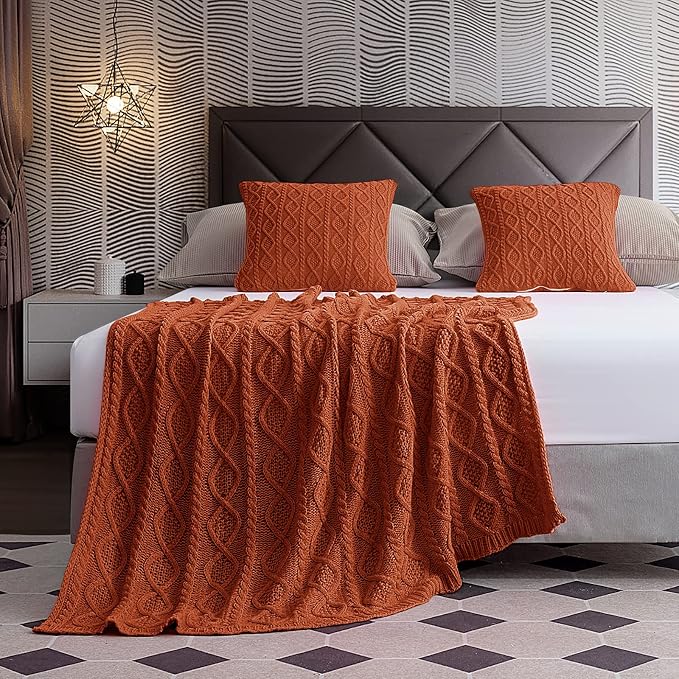 Homiest Rust Cable Knit Throw Blanket Set of 3, with 2 Pillow Covers | Pure Acrylic, Lightweight & Breathable, All-Season Use, Machine Washable, Wrinkle & Fade Resistant, for Couch Bed And Sofa