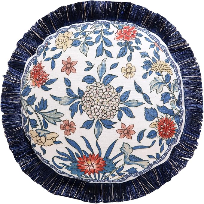 patdrea Designer Vintage Linen Throw Pillow Cover,Diameter 16"-Ivar A | Decorative Pillow Case,Chinoiserie Blue Floral Print Pillow Cover for Couch Living Room Bedroom Sofa,Fringe Trim