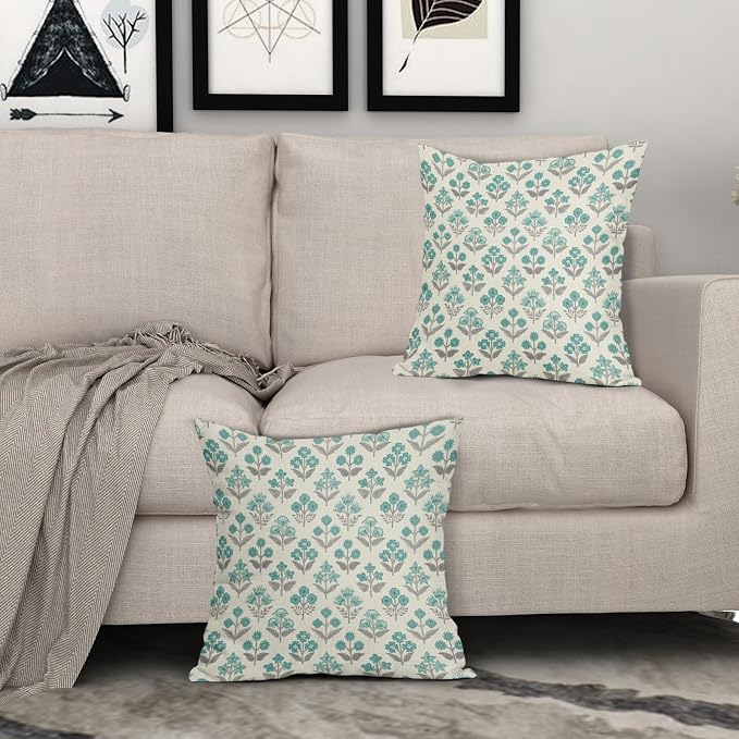 Teal Grey Gray Floral Block Print Pillow Covers 16x16 Inch Set of 2, Vintage Flower Pattern Decorative Throw Pillowcases Outdoor Farmhouse Cushion Covers Spring Summer Rustic Sofa Couch Bed Decor
