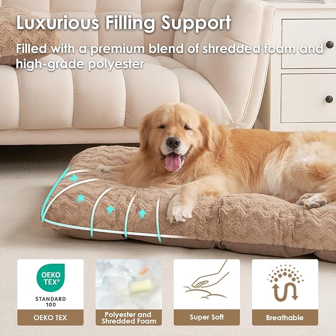 EHEYCIGA XXL Dog Bed 47x29 Inch, Extra Large Pet Beds for Dogs, Camel | Washable, Plush and Comfy Kennel Pad, Soft Dog Crate Mat, Deluxe Sleeping Mat for Dogs Up to 100 lbs