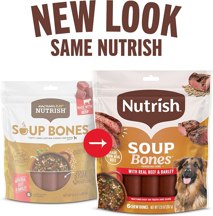 Nutrish Soup Bones Beef Dog Chews, 6.3 oz. Bag (24 Treats) (Rachael Ray) | Rawhide-Free, Contains No Artificial Flavors or By-Product Meals, Soft Texture, Easy on Gums, Resealable Bag (Pack of 8)