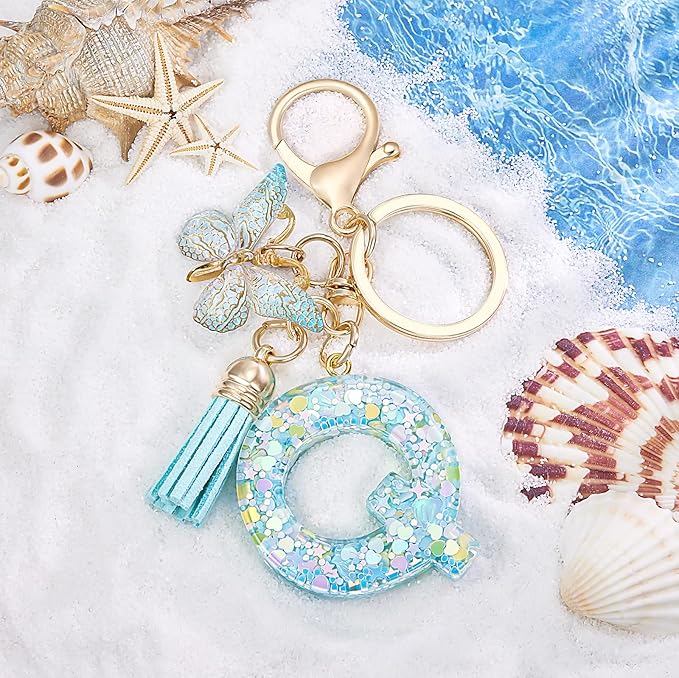 Fashion Alphabet Initial Letter Keychain Tassel Butterfly Pendant Key Ring for Purse Handbags Women Girl