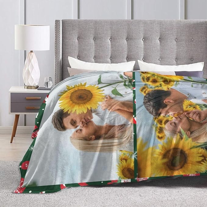 Custom Blanket with Picture Text, Personalized Photo Blanket, Customized Throw Blanket Gifts for Mom Dad Couple Girlfriend Boyfriend Wife Husband (2-Photo)