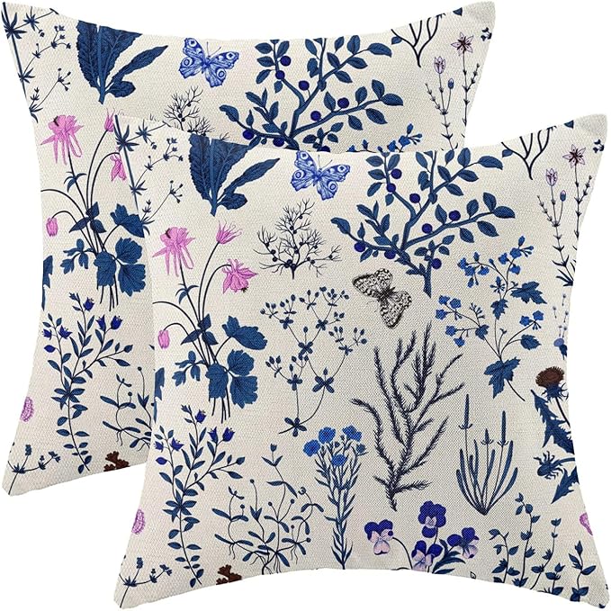AEIOAE Summer Pillow Covers 16x16 Inch Set of 2,Navy Blue Wild Flower Plant Throw Pillows Case,Seasonal Floral Outdoor Decorative Square Linen Farmhouse Decor Cushion Covers for Home Sofa Bed Couch