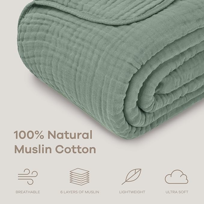 Comfy Cubs Adult Muslin Blanket 90x66” Twin Swaddle Blankets, Fern | 6 Layer Soft, Breathable & Lightweight Muslin Adult Blanket - Machine Washable & Designed in the US Bedding for All Seasons