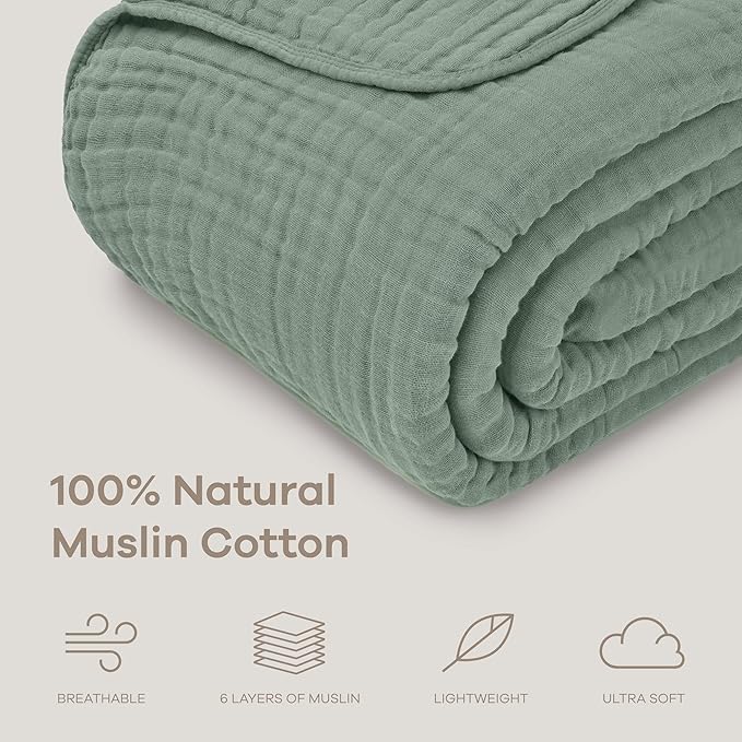 Comfy Cubs Adult Muslin Blanket 108x90” King Swaddle Blankets, Fern | 6 Layer Soft, Breathable & Lightweight Muslin Adult Blanket - Machine Washable & Designed in the US Bedding for All Seasons