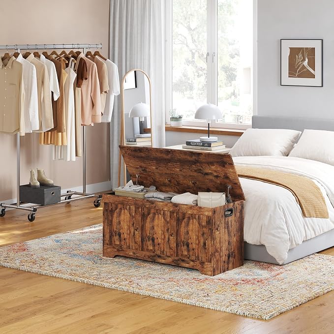 Storage Chest, Wooden Toy Box, Rustic Brown 39.4" L | Entryway Shoe Bench, 2 Soft-close Hinges, Finger-safe Flip-Top Lid, Easy Assembly, Farmhouse Large Trunk, Living Room/Bedroom