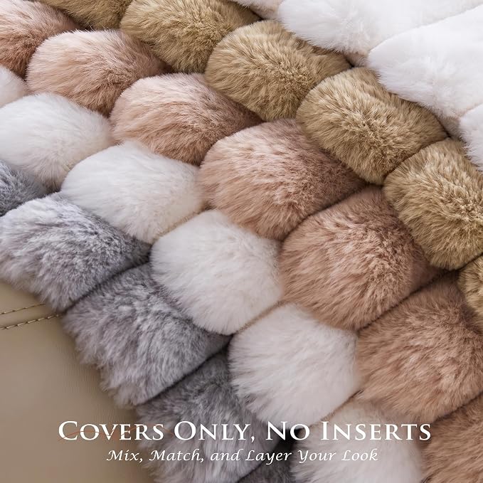 Pack of 2 Throw Pillow Covers 20x20 Decorative Solid Plush Faux Fur with Soft Velvet Back, Square Striped Cushion Cases Modern Farmhouse Home Decor for Living Room Couch Sofa Bed Apricot