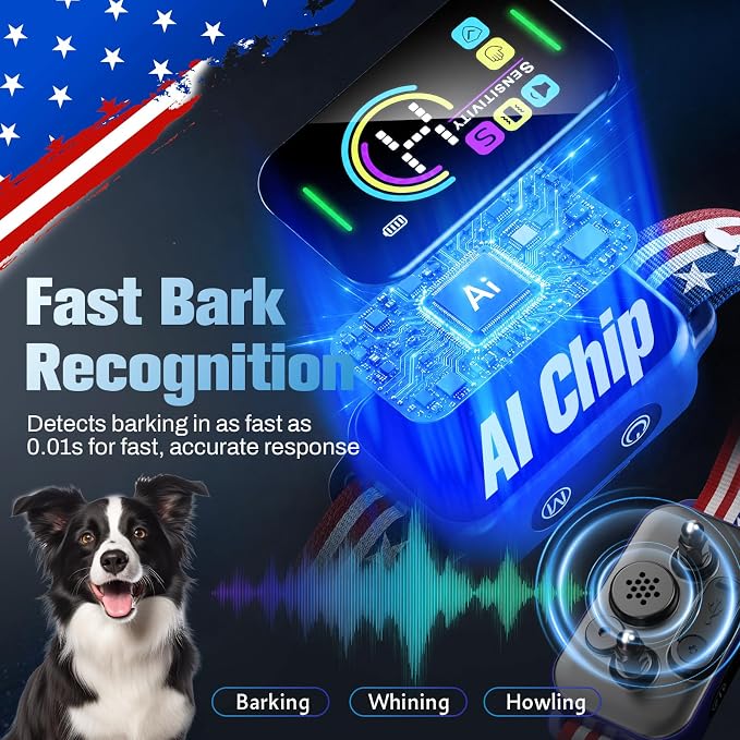 Bark Collar for Large Medium Small Dogs - Smart AI 1S Stop Barking, Anti Barking Device & Dog Training Collar with Beep, Vibration & 8-Level Sensitivity, IP67 Waterproof - Red White Blue