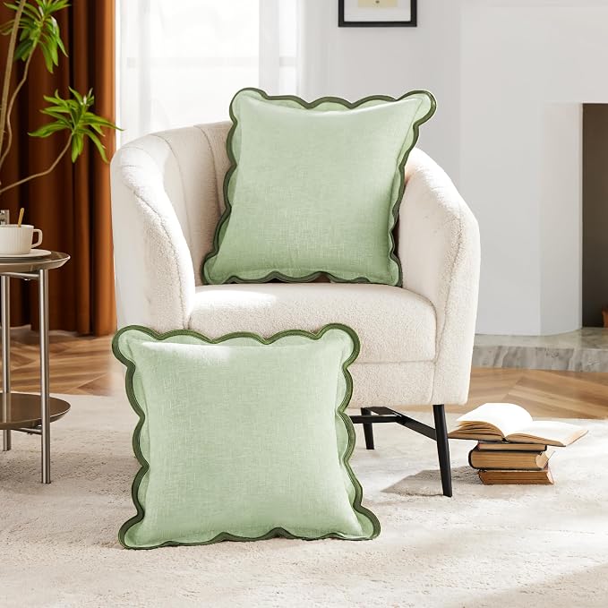 Ohocut Light Green Scalloped Pillow Cover Pack of 2 Spring Chenille Decorative Cute Boho Couch Throw Pillow Covers 20" x 20" Aesthetic Funky Preppy Pillow Cases for Sofa Living Room