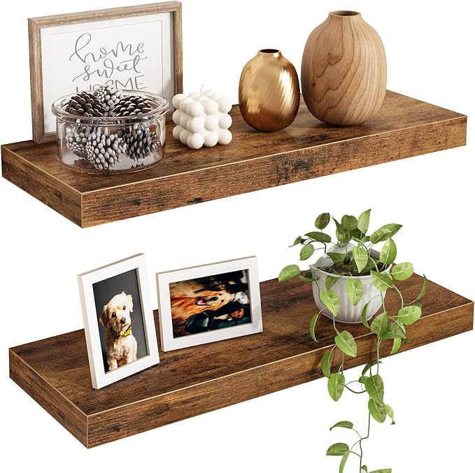 Fixwal Floating Shelves for Wall Decor (Rustic Brown, Set of 2, 15.7 Inch) | MDF Shelves with Metal Brackets, Space Saving for Books, Decor, Works in Bathroom, Kitchen, Living Room, Bedroom