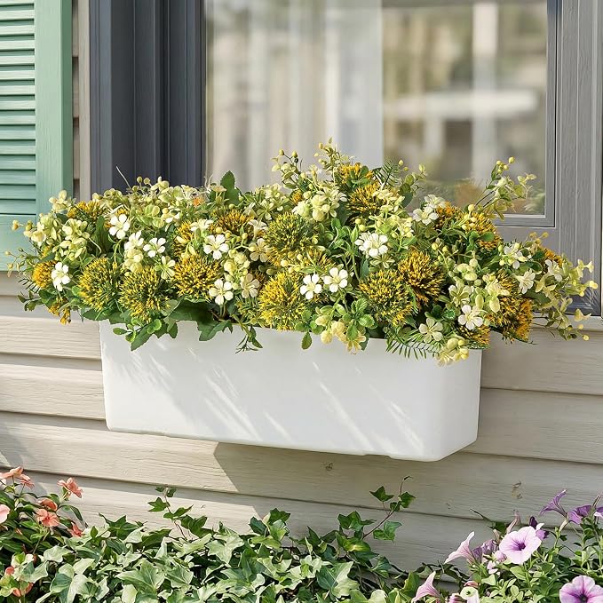 RM ROOMERS Artificial Flowers Plants for Outdoors, Fake Flowers for Garden | Yellow & White Floral Arrangement UV Resistant Faux Flower for Porch Windowbox Front Door Yard No Fade Home Decor (3 Bundles)