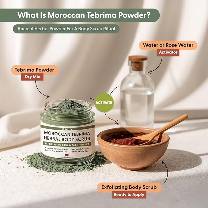 Moroccan Tebrima Herbal Exfoliating Body Scrub Powder | Natural Body Exfoliator for Women & Men, Gentle Bikini Exfoliating Scrub with Nila, Henna, Rose & White Clay for Smooth, Glowing Skin