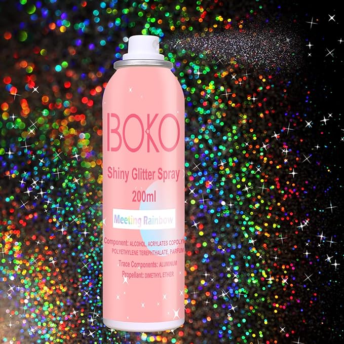 Boko Body Glitter Spray, 200ML Holographic Silver Glitter Spray for Body Hair Clothes, Long-Lasting Body Shimmer Glitter Hairspray for Festival Party Concert Shiny Pride Makeup Rave Accessories