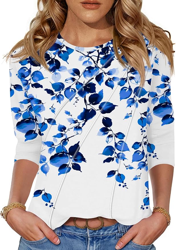 LOMON 3/4 Length Sleeve Womens Tops Spring Summer Fashion 2026 Tops Crew Neck Pleated Shirts Tunic Top Loose Fit