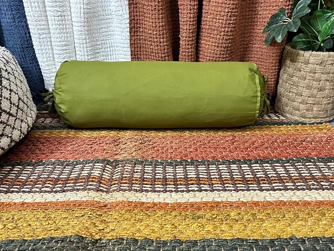 Cylindrical Pillow Bolster Cover Cervical Neck Roll Cotton Pillowcase with Drawstring Closure Neck Cushion Cover 6" x 18" (15 x 45 cm) Olive Green