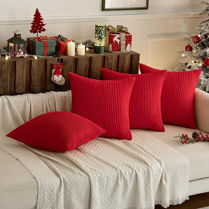 MIULEE Soft Corduroy Decorative Throw Pillow Covers Christmas Red 18x18 | Set of 4, Mordern Nordic Christmas Decor, All Same Color Set, Boho Farmhouse Cushion Covers for Couch Bed Sofa Living Room