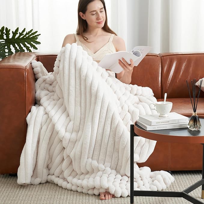 Faux Fur Throw Blanket for Couch, Cozy Fuzzy Fluffy Fur Luxurious Soft Striped Plush Gift Blankets for Family Sofa Chair Bedroom, 55"x70", Ivory