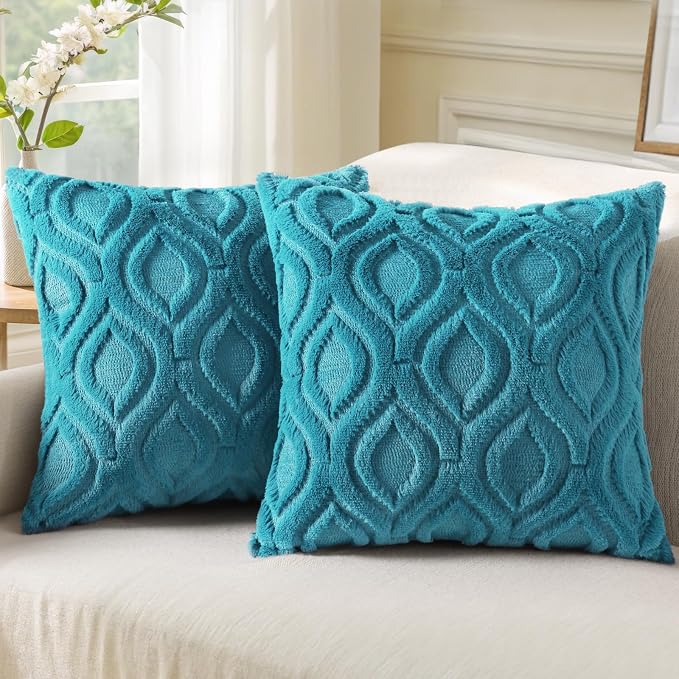 decorUhome Faux Fur Plush Soft Teal Throw Pillow Covers 26x26 Set of 2 | Plush Solid Fall Couch Pillow Covers, Accent Modern Farmhouse Neutral Decorative Square Pillow Cases for Sofa Bed Living Room