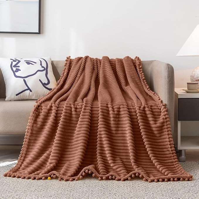 DISSA Fleece Blanket Twin Size – 60x80, Caramel – Soft, Plush, Fluffy, Fuzzy, Warm, Cozy – Perfect Throw for Couch, Bed, Sofa - with Pompom Fringe - Flannel Blanket Throw Blanket