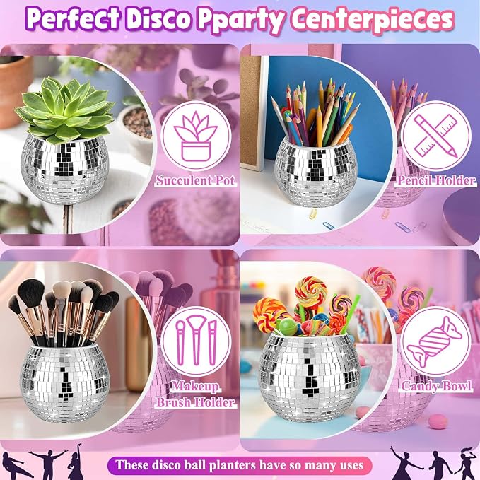 16 Pcs Disco Ball Vase Sets, 6 Pcs Disco Ball Vase Disco Ball Flower Vase & 10 Pcs Disco Balls with 3 Sizes, 3" X 4" Disco Ball Planter Candle for Wedding, Birthday, Party