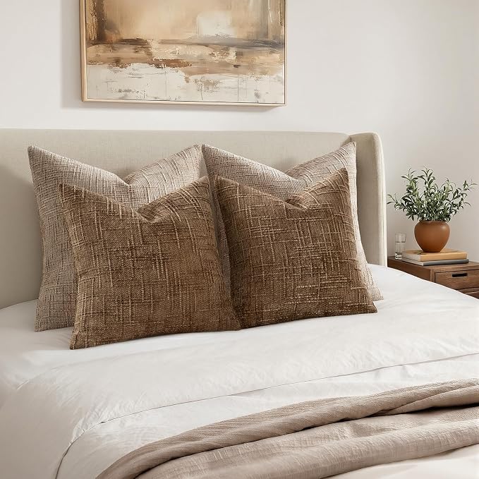 MIULEE Chenille Textured Fall Throw Pillow Covers Toffee 20x20 Set of 2 | Slubby Decorative Pillows, Boho Farmhouse Rustic Home Decor, Modern Neutral Cushion Covers for Couch Sofa Bed Living Room