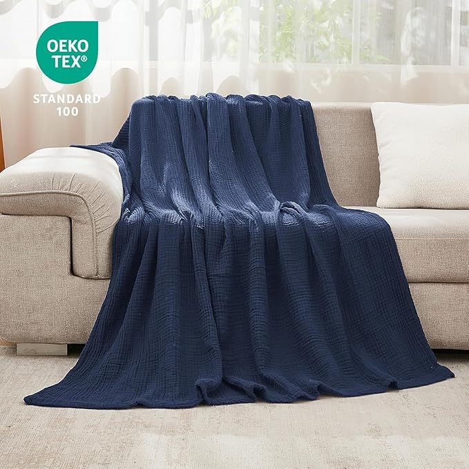 EMME Muslin Blankets for Adults Throw Blanket for Couch Breathable Gauze Soft Lightweight Airy Navy Throw XL 50" x 71"