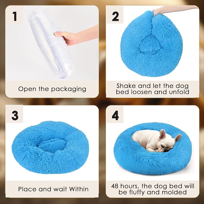 Dogs Bed for Small Dogs, Anti-Anxiety Washable Round Bed (Light Blue, 24.0" L x 24.0" W x 8.0" Th)