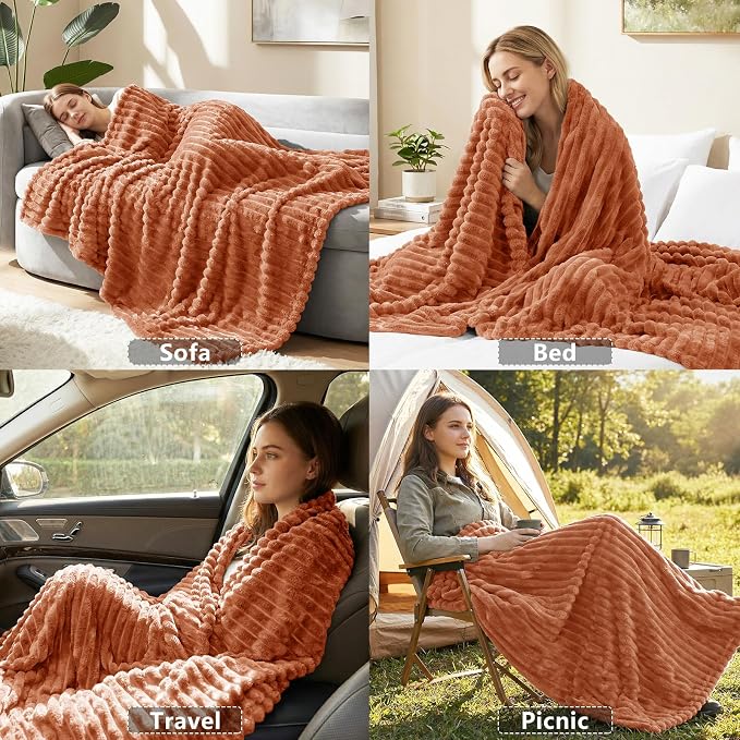 HIMEET Burnt Orange Throw XL Blanket, 300GSM Ribbed Fleece, 50 x 70 Inches | Ultra Soft Flannel, All-Season Lightweight Warmth, Extra Coverage for Couch Lounging, Home Room Decor, Machine Washable