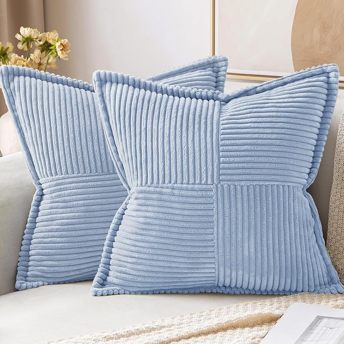 MIULEE Decorative Throw Pillow Covers for Couch 20x20 Inch Light Blue | 2 Pack, Boho Broadside Striped Patchwork Pillow Covers, Soft Corduroy Cushion Cases, For Sofa Bed Livingroom Home Decor