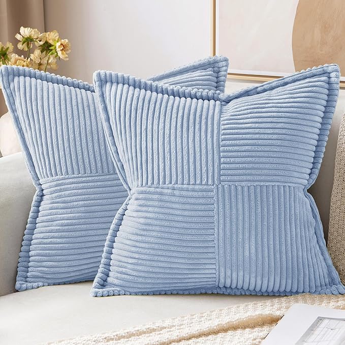 MIULEE Decorative Throw Pillow Covers for Couch 18x18 Inch Light Blue | 2 Pack, Boho Broadside Striped Patchwork Pillow Covers, Soft Corduroy Cushion Cases, For Sofa Bed Livingroom Home Decor